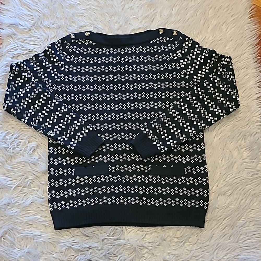 Lands end womens black‎ and white print  cotton button neck sweater size small
